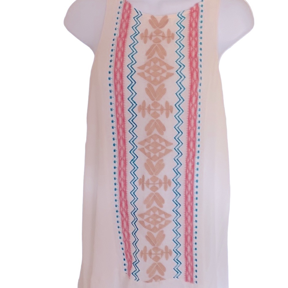 She + Sky Boho style dress, white with blue/tan/pink front embroidered, M